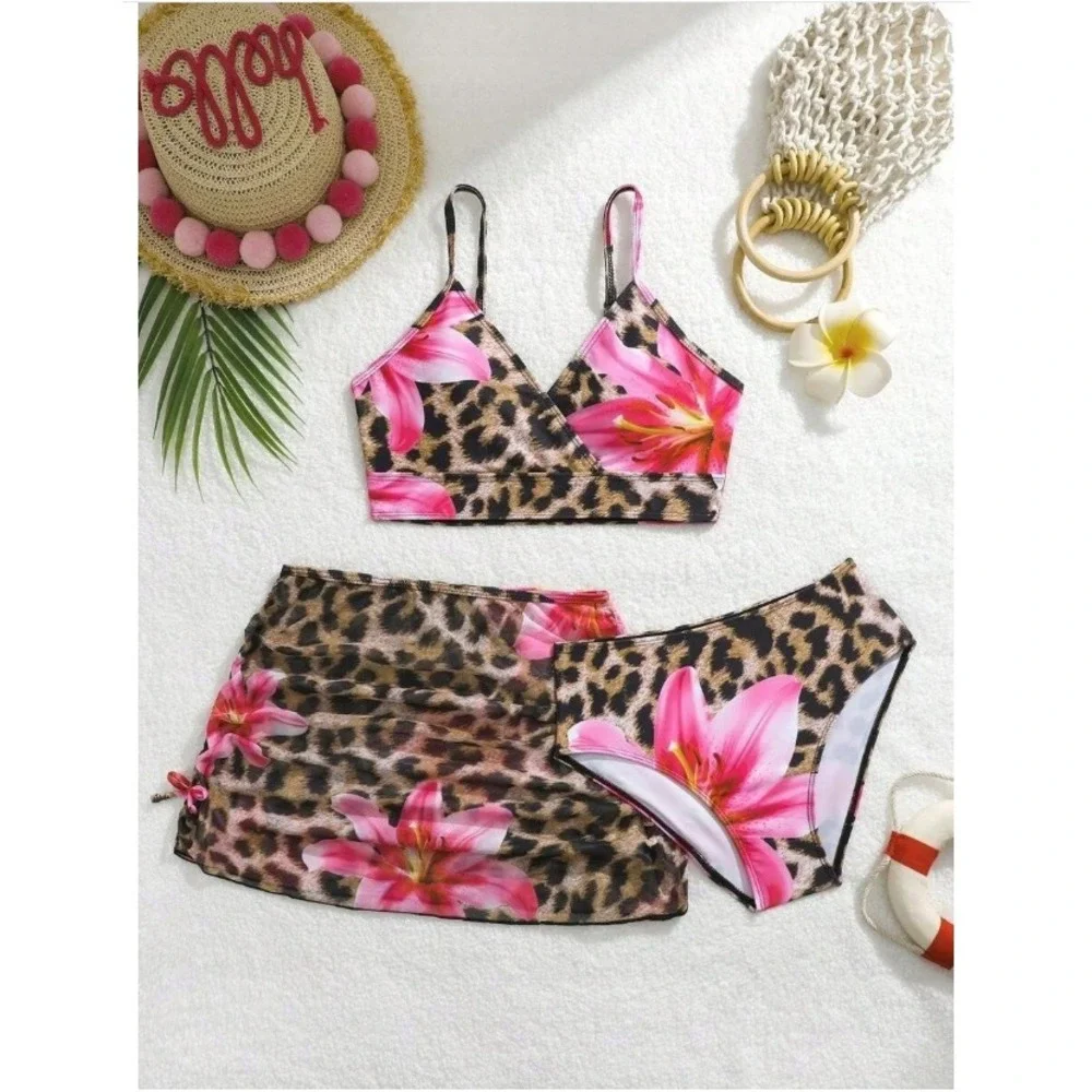 Girls Leopard Floral 3 Piece Swimsuit Bikini Sarong Set Pink Lily Size 12Y
